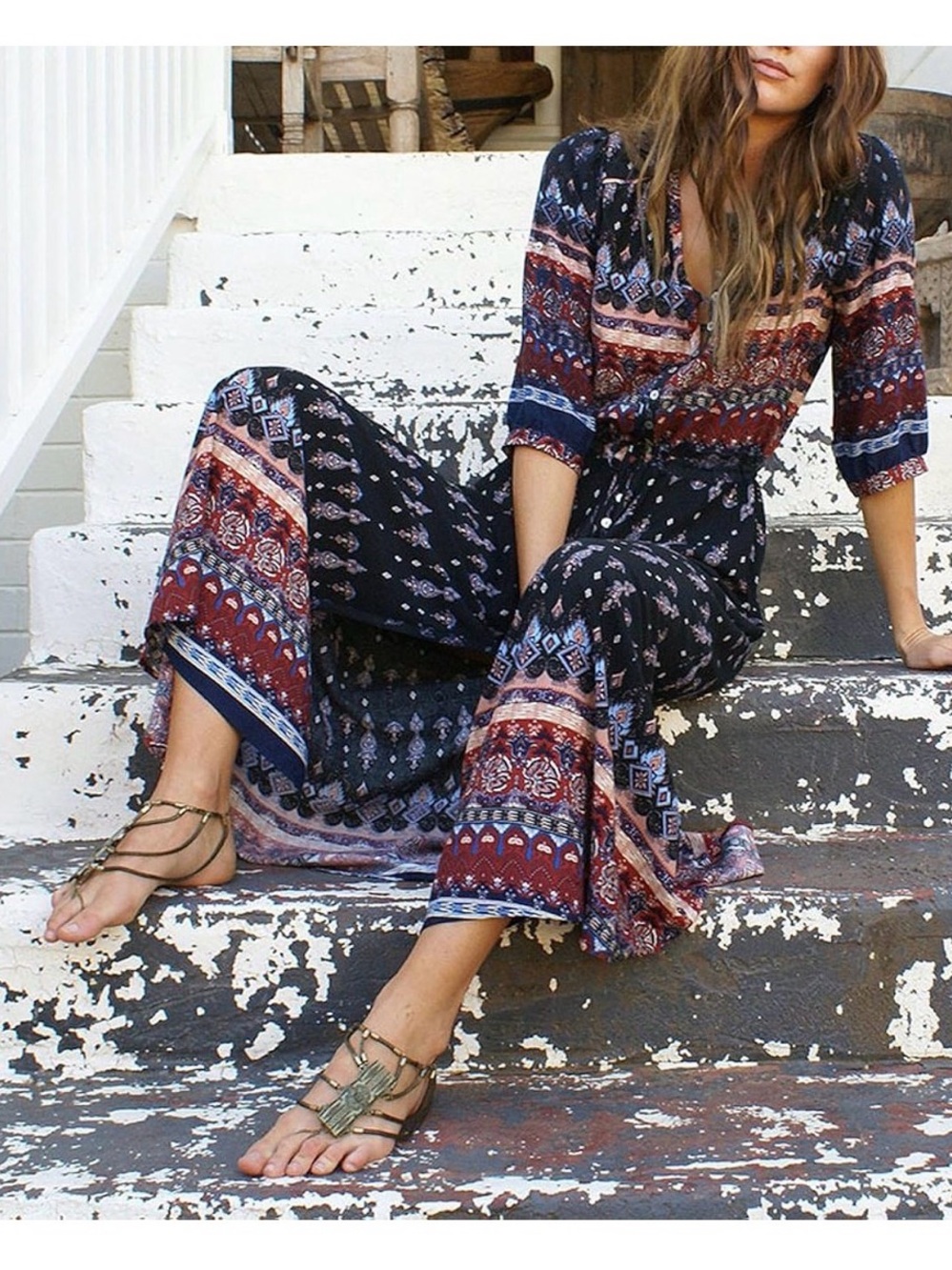 Boho Indian Printed Maxi with Split Dress Rayon Flowy 3/4 Sleeves Women's Medium